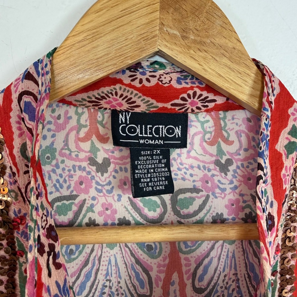 NY Collection 100% Silk Sequin Tunic Blouse Sheer Resort Top Boho Paisley Small - Picture 9 of 11